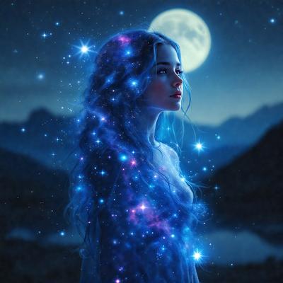 The primary subject of the image is a woman with long, flowing hair. She is standing in front of a beautiful night sky, which is filled with stars. The setting appears to be a mountainous area, with a mountain visible in the background. The visual style of the image is a digital art or illustration, creating a surreal and dreamy atmosphere. The colors and mood of the image are predominantly blue and purple, with the woman's hair and the night sky being the main focus of the scene.